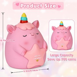 Creamily Unicorn Piggy Bank Girls, Briuhap Unbreakable Resin Money Coin Bank, Cute Kids Piggy Bank with DIY Alphabet & Rhinestone Stickers, Great Gifts for Birthday, Christmas, Baby Shower (Pink)