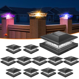 APONUO Solar Post Cap Lights with 8 RGB Solid Colors & Multicolor Flow - 12 Pack 6x6 Post Cap Solar Light, IP65 Waterproof - Fits 4x4 5x5 6x6 Wood & Vinyl Posts - Black
