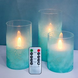 PETRISTRIKE Glass Flameless Candles, Battery Operated Led Pillar Candles, Teal Candles for Home Decorations, Centerpiece, Nautical Theme Party