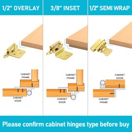 1/2" Brass Gold Overlay Cabinet Hinges, 30 Pack (15 Pairs) Self Closing Flush Face Mount Cabinet Hinge Hardware for Kitchen Cabinet Doors