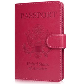 RSAquar Passport Holder for Women and Men, Premium PU Leather Travel Passport Wallet RFID Blocking Passport Cover Travel Documents Organizer (Rose Red)