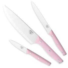GreenLife High Carbon Stainless Steel 3 Piece Knife Set with Covers, Includes Chef Utility and Pairing, Comfort Grip Handles,Triple Rivet Cutlery, Soft Pink