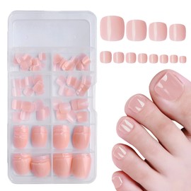 Bellelfin Press on Toenails 120pcs Short Square Fake Toenails Full Cover Nude Pink Glossy Acrylic False Toe Nails Tips with 5 Sheets Adhesive Glue Tabs for Women and Girls Foot Decor