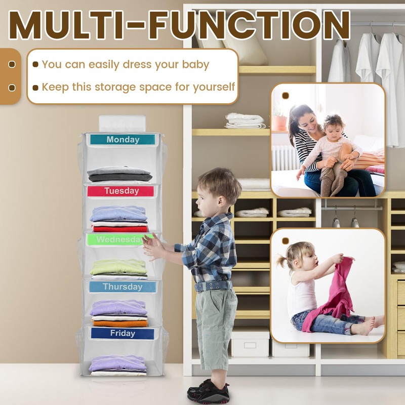 Weekly Clothes Organizer for Kids - 5 Shelf Hanging Closet