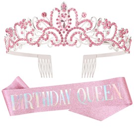 DRESHOW Birthday Crown and Sash for Women Birthday Queen Sash & Rhinestone Tiara Set Birthday Tiaras and Sashes for Girls Birthday Decorations Hair Accessories Glitter Sash for Party, Birthday Queen: