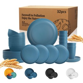 Wrova Wheat Straw Dinnerware Set of 32,Unbreakable Dinner Plates and Bowls Dishes Sets Service for 8,Dishwasher Safe Dinnerware Sets for Kitchen and Camping.Navy Blue