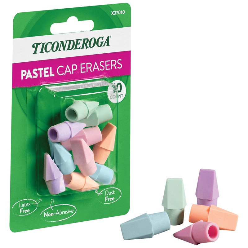 Ticonderoga Pencil Cap Erasers, Assorted Pastel Colors, 10 Count