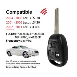 Keylessbest Replacement for 2008 2009 2010 2011 Lexus ES330 LS430 SC430 Key Fob Remote Control HYQ12BBK 3 Buttons 315MHz