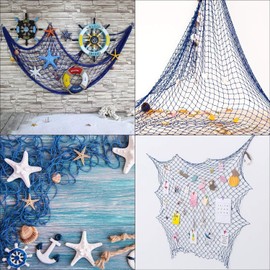 Dantolo Fishing Net Decoration with Shells, Pack of 14 Natural Shells and Sea Decoration, Mediterranean Style for Beach Parties, Weddings, Photography Wall Decoration, 150 x 200 cm