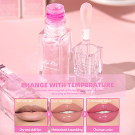 XTJXTJ Moisturizing Nourishing Color Changing Lip Oil, Hydrating Lip Glow Oil，Upgraded Big Brush Head Warm Change Lip Gloss, Long Lasting Nourishing Plumping, Non-Sticky For Dry Lips (Pink, 0.23oz)