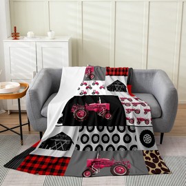 Feelyou Kids Tractor Flannel Fleece Blanket Set Red Farm Tractor Plush Throw Blanket,for Kids Equipment Trucks All Season,Bed Blanket Set Geometric All Season,Bed Blanket Baby 30"x40"