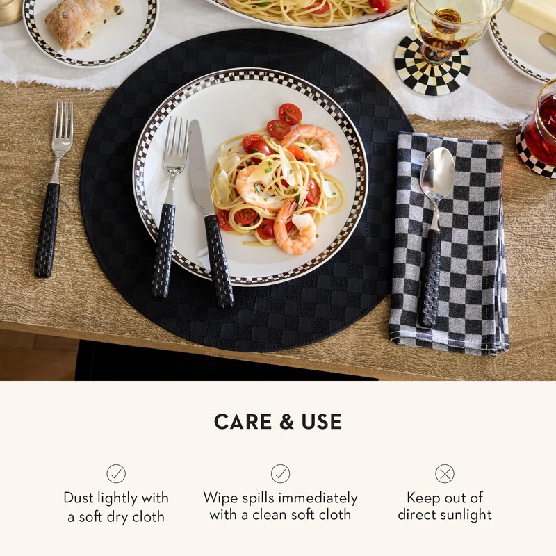 MACKENZIE-CHILDS Faux-Leather Placemat, Decorative Round Table Mat, Black Check
