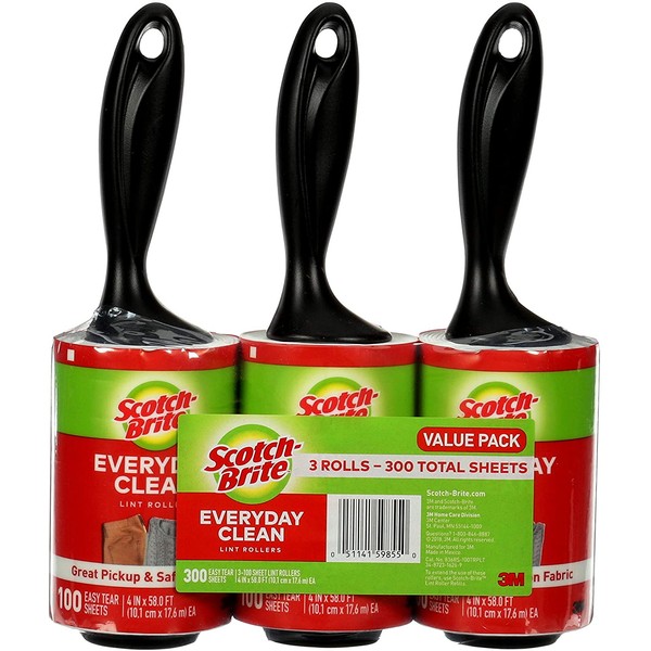 Scotch-Brite Lint Roller, Works Great on Pet Hair, Clothing, Furniture and More, 3 Rollers, 100 Sheets Per Roller (300 Sheets Total)