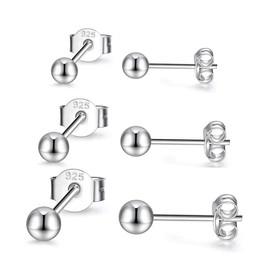 PRETTERY Sterling Silver earrings, 925 Sterling Silver 3 Pair Round Ball Stud Earrings Set, Size 3mm, 4mm, 5mm