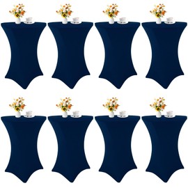HAISIWLKJ 8 Pack Cocktail Table Covers 32x43 Inch Fitted Stretch Spandex Square Corners Table Cover High Top Cocktail Tablecloth for Round Table Cloth for Party, Wedding, Birthday, Banquet(Navy Blue)