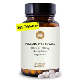SUNDAY NATURAL® Vitamin D3 K2 High Dose - 365 Tablets - Premium Quality: - 99.8+% All-Trans K2-MK7 + 5,000 IU Vitamin D3 - No Unnecessary Additives - Laboratory Tested in Germany - Perfect for Sharing