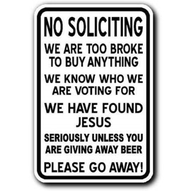 No Soliciting Metal Sign Please Go Away Sign We Found Jesus Free Beer Decor Sign For Door Home Wall 8x12inches(Q44)