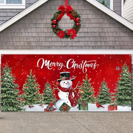 WovWeave Christmas Garage Door Cover 7 x 16 ft Christmas Garage Door Banner Christmas Garage Decorations Large Winter Xmas Garage Backdrops Door Mural for Christmas Outdoor Decoration (Snowman)