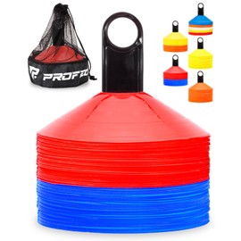 Pro Disc Cones (Set of 50) - Agility Soccer Cones with Carry Bag and Holder for Sports Training, Football, Basketball, Coaching, Practice Equipment, Kids - Includes 15 Best Drills Book (Blue and Red)