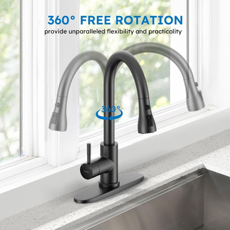 Arofa Matte Black Kitchen Faucet, Kitchen Sink Faucet with Pull