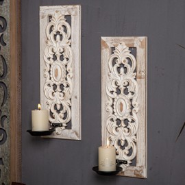 SOFE Openwork Carving Candle Sconces Set of Two, Distressed Finish Wood Candle Holder Living Room, Rustic Farmhouse Candle Wall Sconces, Bedroom Hallway Wall Art Decoration