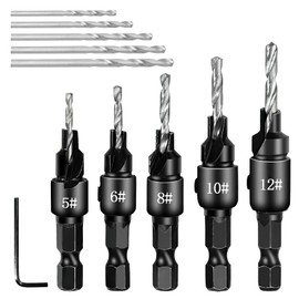 5Pcs Countersink Drill Bit Set Woodworking Chamfer Counter Hex Shank Adjustable Countersink Plug Cutter for Wood Drilling Plastic Soft Metal PVC with 5 Replaceable Drill 1 Hex Wrench(#5, 6, 8, 10, 12)