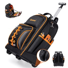2-In-1 Rolling Tool Backpack Heavy Duty, Rolling Tool Bag with Wheels, 63-Pocket Tool Bags for Men, Waterproof Rolling Tool Backpack for Hvac Electrician Construction Mechanic