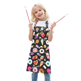 BIGHAS Kids Apron for Boys and Girls Adjustable Neck Strap Hook and Loop Fastener Design Waistband for Baking, Cooking, Chef (Black-Dessert, Small)