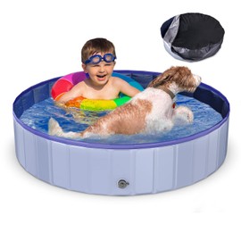 Funyole Foldable Dog Pool with Pool Cover, 48” Portable Dog Pet Pool Bathing Tub Kiddie Pool, Indoor & Outdoor Leakproof Swimming Pool for Dogs Cats & Kids