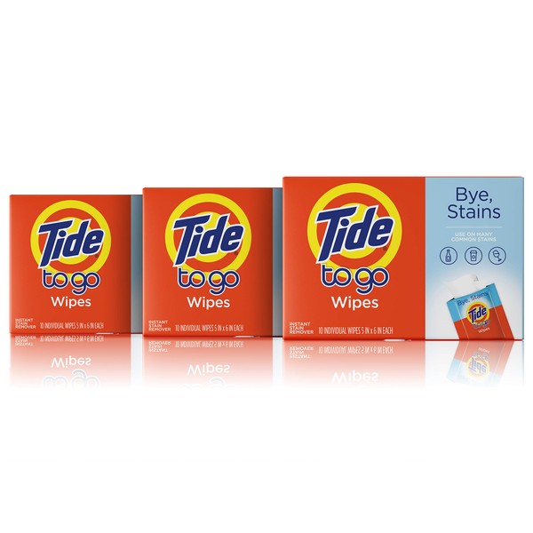 Tide To Go Stain Remover Wipes for Clothes, Instant Laundry Travel Stain & Spot Remover, 3 Pack, (30 Wipes Total)