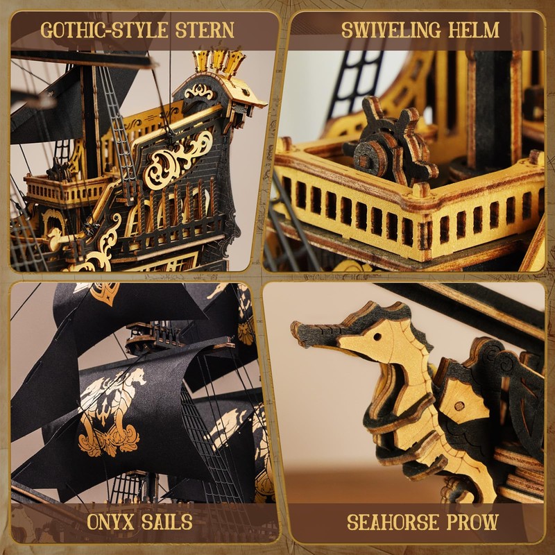 ROKR 3D Wooden Puzzles for Adults,Seahorse Barque Model kit, 603