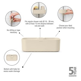 Brabantia - ReNew Shower Caddy - Space Efficient - Holds up to 2 kg - Wall Organiser for the Shower - Corrosion Resistant - No Drilling - Fixing Materials Included - Soft Beige - 24.4 x 13.3 x 7.5 cm