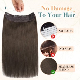 Sindra Wire Hair Extensions Medium Brown Invisible Transparent Fish Line Wire Human Hair Extensions 70g 16 Inch Wire16#4