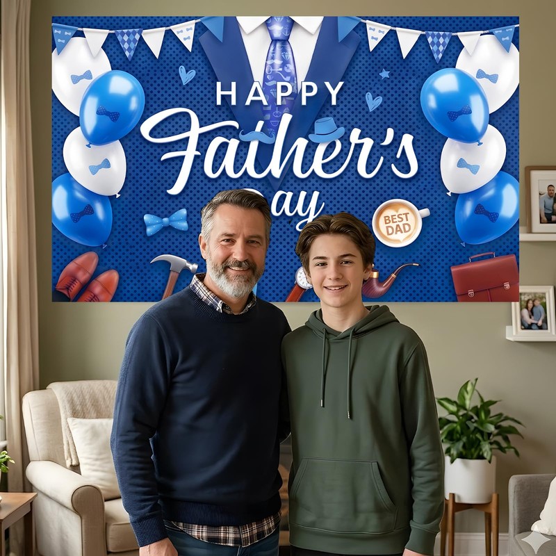 Happy Fathers Day Banner Decorations 5.9×3.6Ft Blue Suit Tie Happy