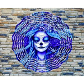 10 Inch Blue Day of The Dead Sugar Skull Wind Spinner Yard Decor Aluminum Sublimated Garden Art Indoor Outdoor 3D Kinetic RWS-166