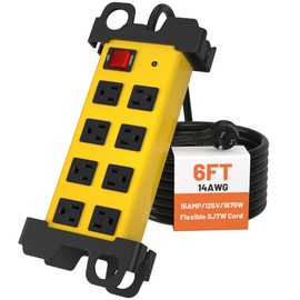 Heavy Duty Power Strip 8 Outlets - Surge Protector 2700J with 6FT Long Extension Cord, Industrial Metal Powerstrip 15Amp, Wall Mount Plug for Garage Workshop Outdoor Home Office, Wide Spaced (6ft)
