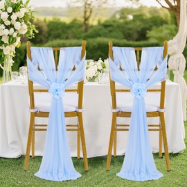 Fanqisi Birthday Party Chair Sashes Decorations: 16 Pieces Light Blue Sheer Chair Sashes - 8ft Long Chairs Ribbons for Baby Shower Dinner