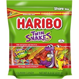 HARIBO Gummi Candy, Twin Snakes Sweet & Sour Gummy Candy, 8.3 Ounce Resealable Share Size Stand Up Bag, Soft & Chewy Snacks, Assorted Fruity Flavors