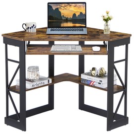 VECELO Corner Computer Desk 41 x 30 inches with Smooth Keyboard & Storage Shelves for Home Office Workstation, Antique Brown