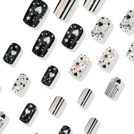 Holiday Press on Nails Short Square Heart Fake Nails Black White Valentine Acrylic False Nails Five-Pointed Star Design Full Cover Glue on Nail Cute Gloss Stick on Nails for Women 24Pcs