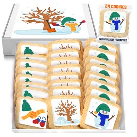Winter Snow Cookies Theme Party Favors | 24 Pack Individually Wrapped Bulk | snowman hat scarf gloves mittens igloo snowflakes sweater shovel Cold weather | For Kids Adults