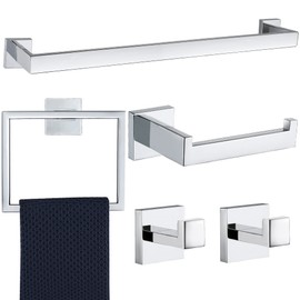 5 Pieces Bathroom Hardware Accessories Set Polished Chrome, 24Inch Bathroom Towel Rack Set SUS304 Stainless Steel, Square Bath Towel bar Set Wall Mounted, Heavy Duty