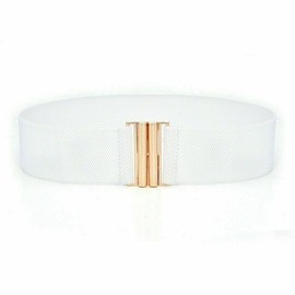 FATASH Vintage Elastic Wide Waist Belt for Women - Stretchy Leather Cinch Waistband with Flat Metal Buckle | Fashion Retro Ladies Belt for Dresses & Costumes | Elasticated Waist Accessory - White