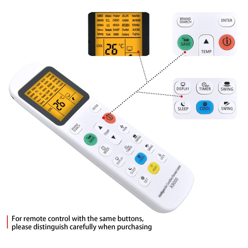 TCNOUMT Universal Air Conditioner Remote Control X9000, Compatible with Multiple