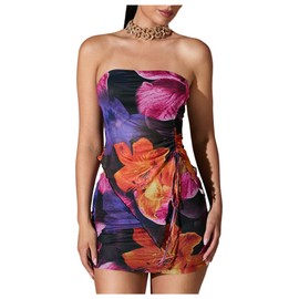 WDIRARA Women's 2 Piece Outfits Floral Print Drawstring Asymmetrical Tube Top and Bodycon Mini Skirt Set Multicolor X-Small