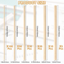 215 Pieces Balsa Wood Sticks Wooden Dowel Rods 1/8, 3/16, 1/4, 5/16, 3/8, 1/2 Inch Round Hardwood Unfinished Wooden Strips for DIY Molding Crafts Projects Making(Cylinder)