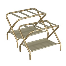 Smuxee Gold Luggage Rack Pack of 2, Foldable Suitcase Stand with Fabric Storage Shelf, Luggage Holder with 4 Nylon Straps for Hotel Guest Room Bedroom