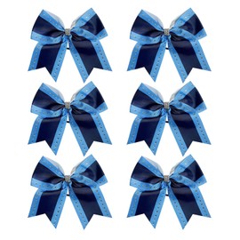 Cheerleader Bows 8 Inch Comb Color Cheerleader Ponytail Holder with Rhinestones, Set of 6 (Columbia Blue/Navy Blue)