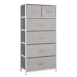 Crestlive Products Vertical Dresser Storage Tower - Sturdy Steel Frame, Wood Top, Easy Pull Fabric Bins, Wood Handles - Organizer Unit for Bedroom, Hallway, Entryway, Closets - 6 Drawers (Light Grey)