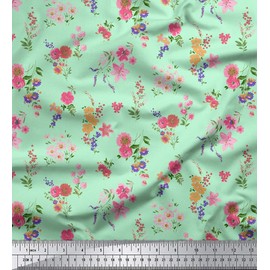 Soimoi 58 Inches Wide Floral Printed Cotton Fabric 60 GSM Dressmaking Material By The Meter - Aqua Blue